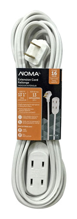 NOMA 15-ft 16/2 Indoor Extension Cord, 3 Outlets, Flat Plug, White