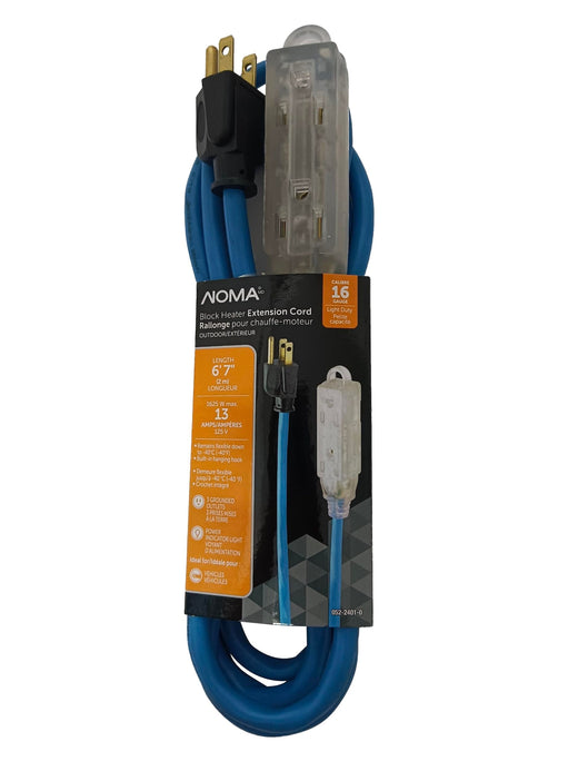 NOMA 16/3 13 Amp All-Weather Block Heater Cord with Lighted End, Blue