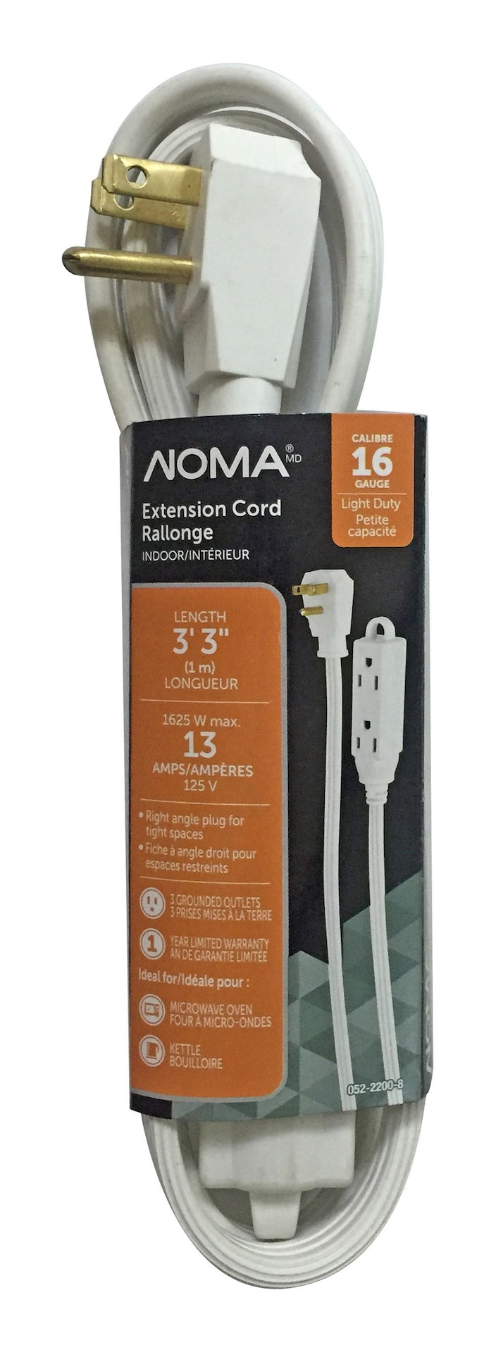 NOMA 3-ft 3-in 16/3 Indoor Extension Cord with Right Angle Plug, 3 Grounded Outlets, White