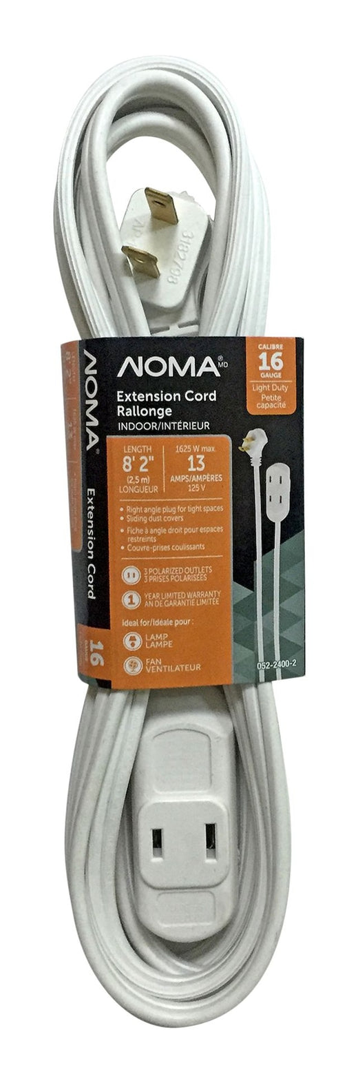 NOMA 8-ft 2-in 16/2 Extension Cord, Flat plug, 3 Outlets, White