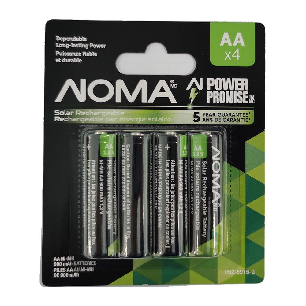 NOMA 900mAh AA Solar Rechargeable Batteries, 900mAh, 4-pk