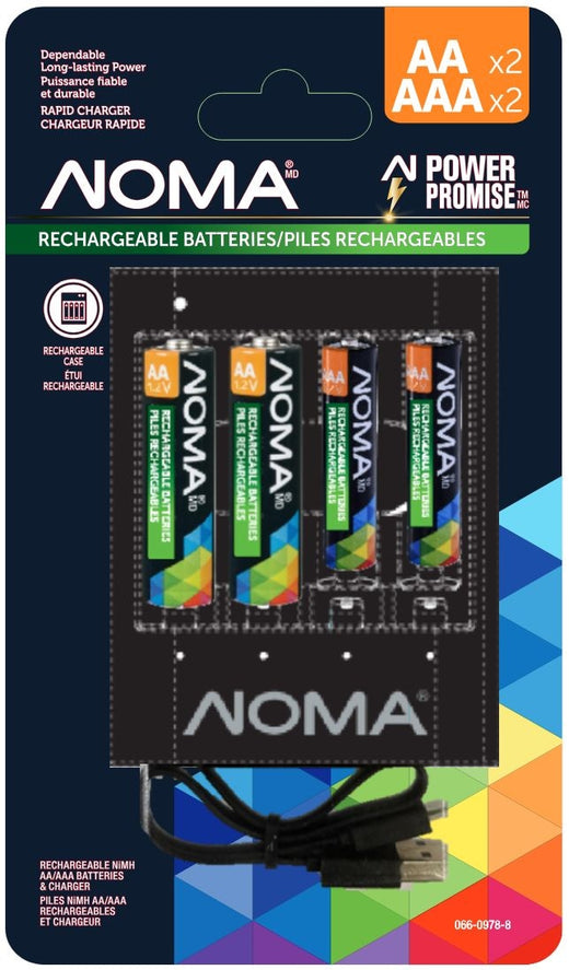 Noma AA+AAA Ni-MH Rechargeable Batteries and Charger, 2-pk