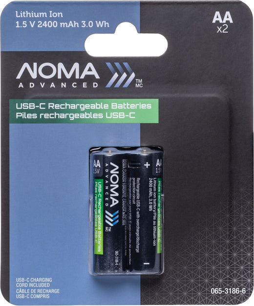 NOMA Advanced 2400 mAh USB C-Type Rechargeable Li-Ion Batteries, 2-pk