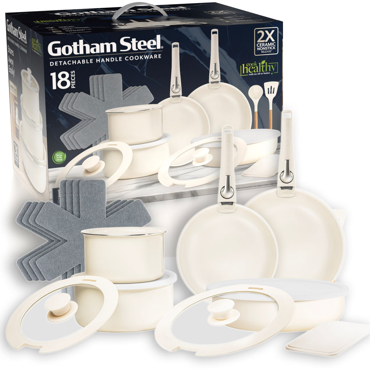 OB Gotham Steel Pots & Pan Set with Removable Handles, Cream, 18-pc
