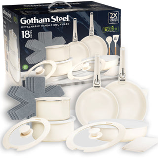 OB Gotham Steel Pots & Pan Set with Removable Handles, Cream, 18-pc