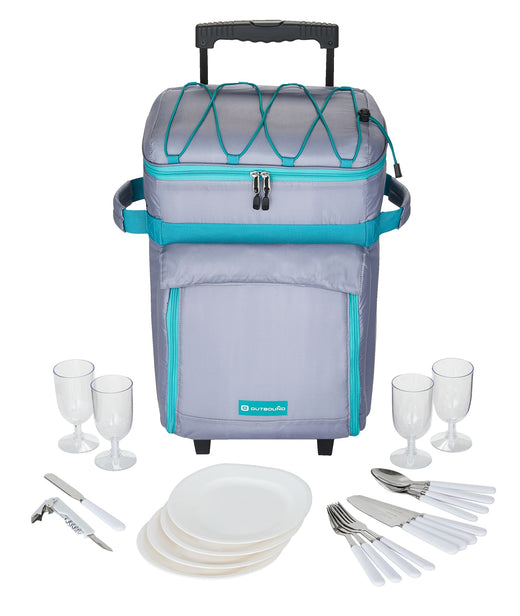 Outbound Wheeled Picnic Cooler with 21-Piece Cutlery/Plate Set, 18-Can