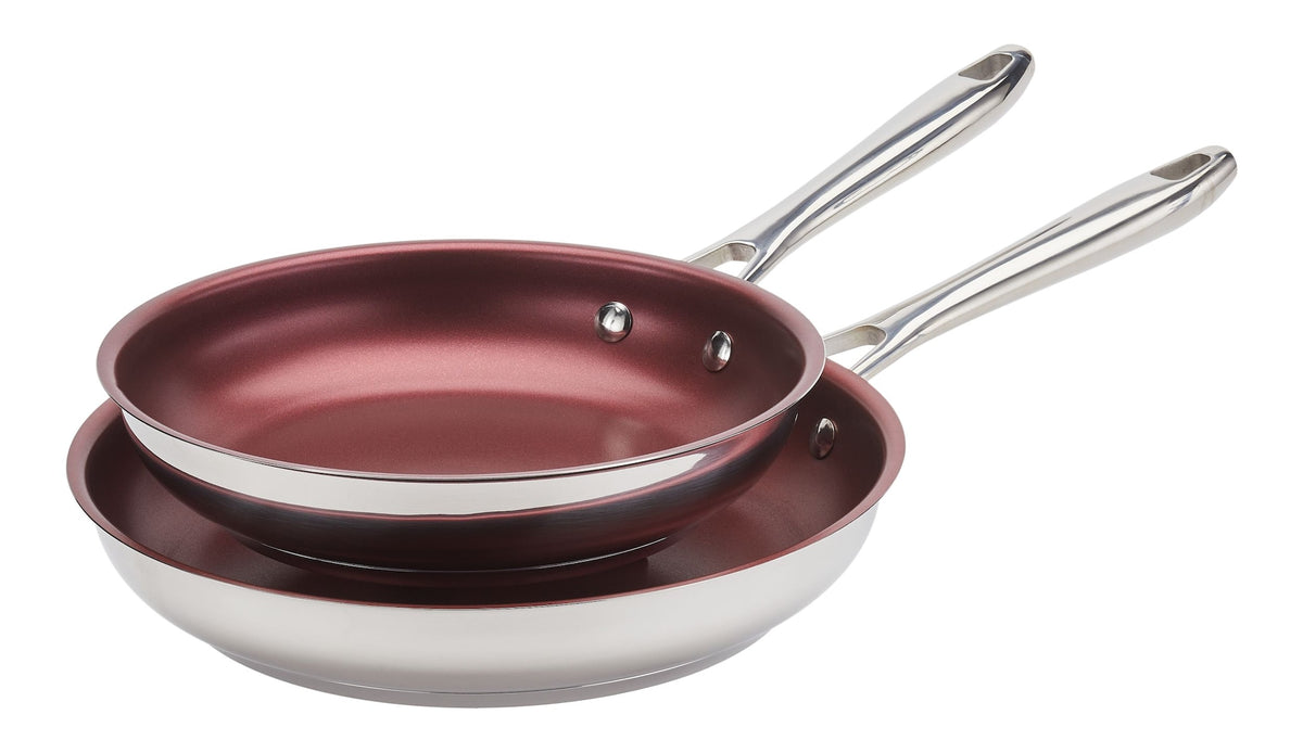 PADERNO Canadian Signature Stainless Steel Non-Stick Frying Pan, Dishwasher & Oven Safe, Burgundy, 24cm & 28cm, 2-pk
