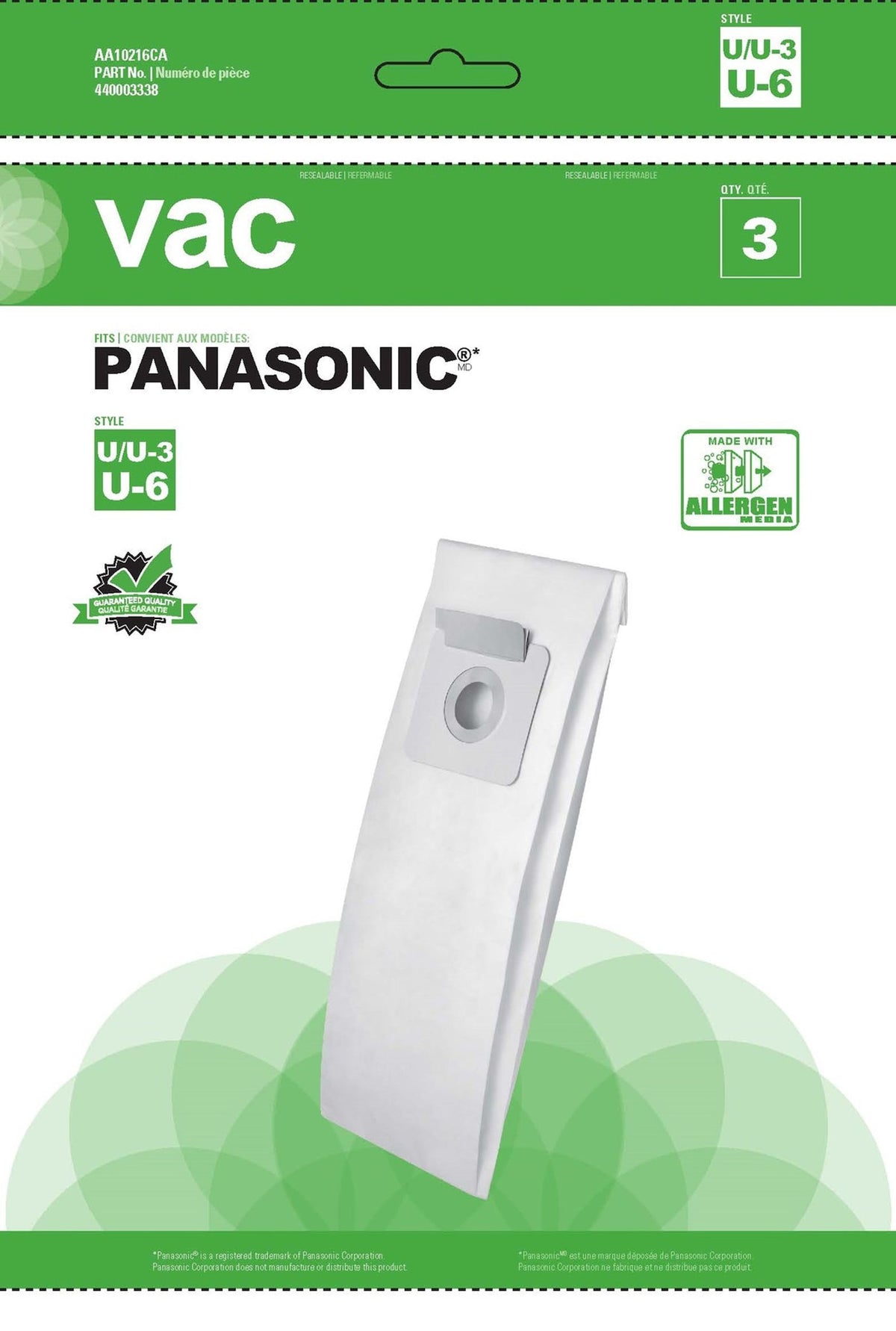 Panasonic U/U3 Replacement Allergen Vacuum Cleaner Bags, 3-pk