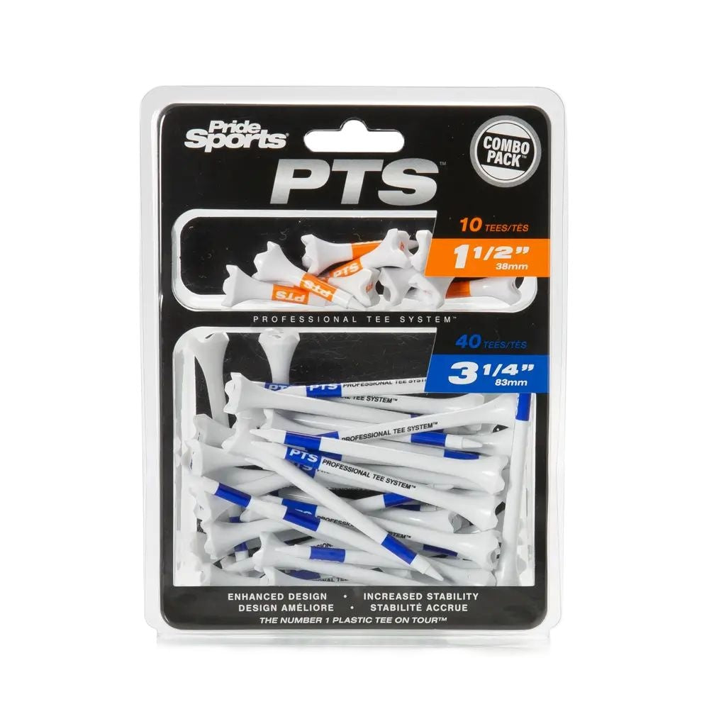 Pride Evolution Plastic Golf Tee Combo Pack, Assorted Sizes, 40-pk, White, 1-1/2-in & 3-1/4-in