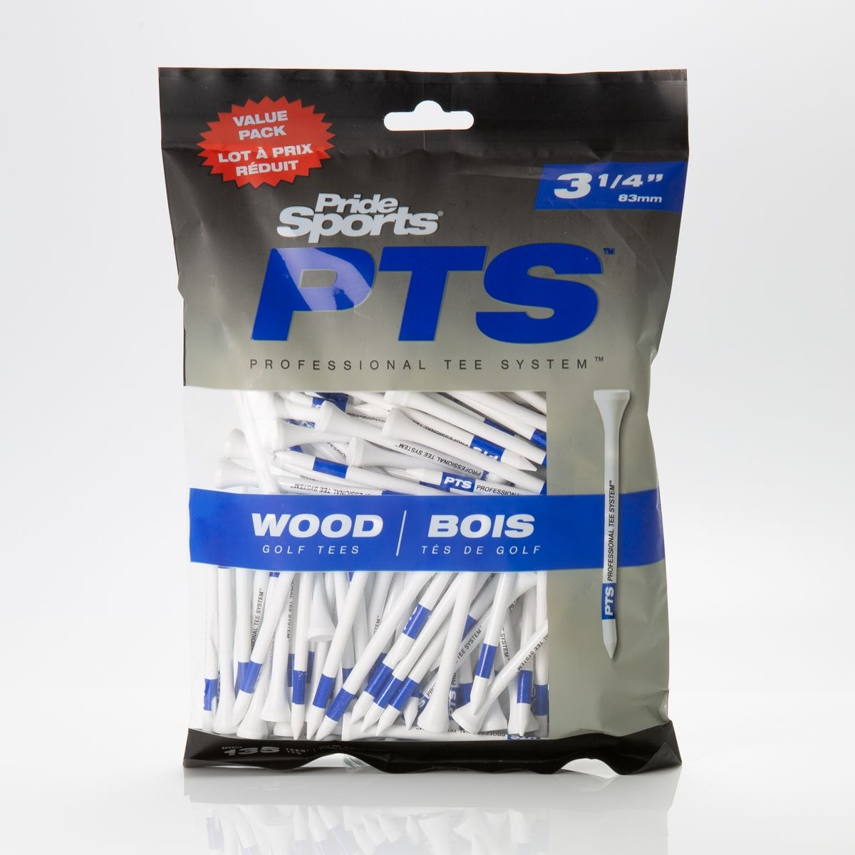 Pride Professional Tee System ProLength Plus Wood Golf Tee, 3-1/4-in Blue on White, 135-pk