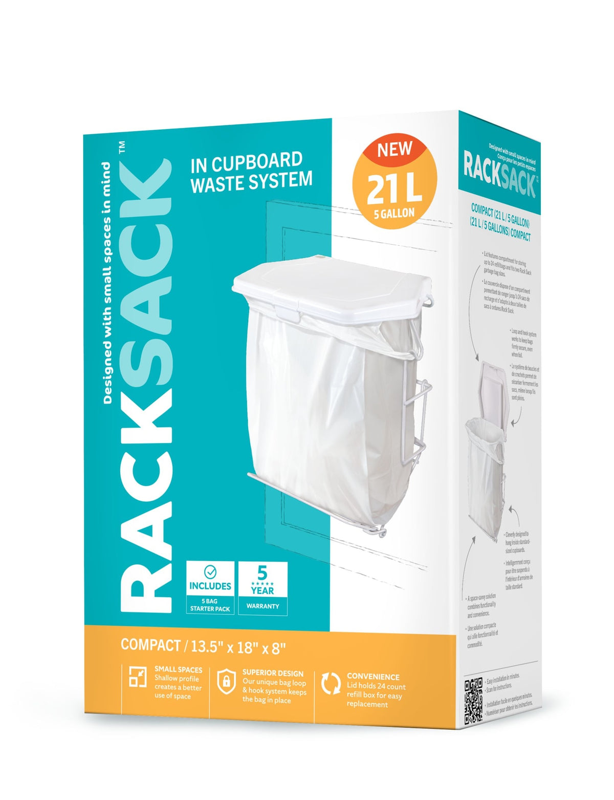 Rack Sack Expandable Kitchen Garbage Bag Holder, Fits 15-L or 21-L bags, Includes 5 bags