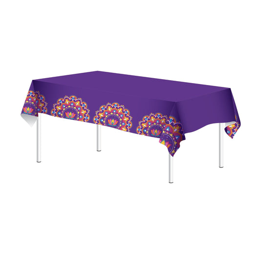 Rangoli Patterned Rectangle Plastic Reusable Table Cover, Multi-Coloured, 51x87-in, for Diwali