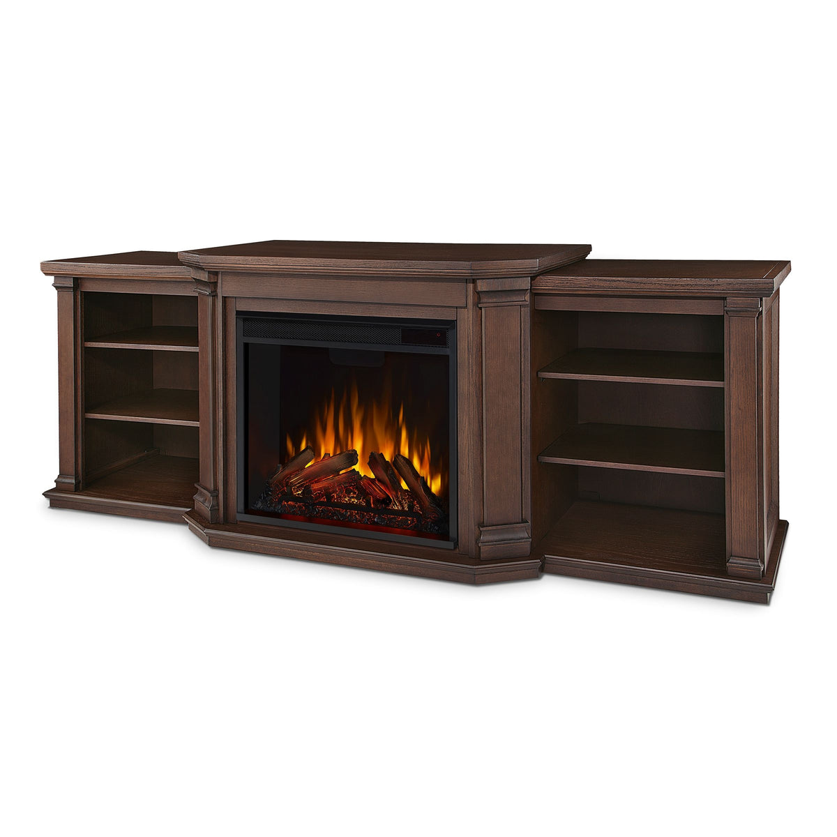 Real Flame Valmont Media Indoor Electric Fireplace TV Stand, 74-in, 1500W, Includes Remote Control & Firebox, Chestnut Oak
