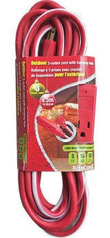 Ritecord 14-ft 7-in 16/3 Outdoor Extension Cord with 3 Grounded Outlets, Red/White/Green