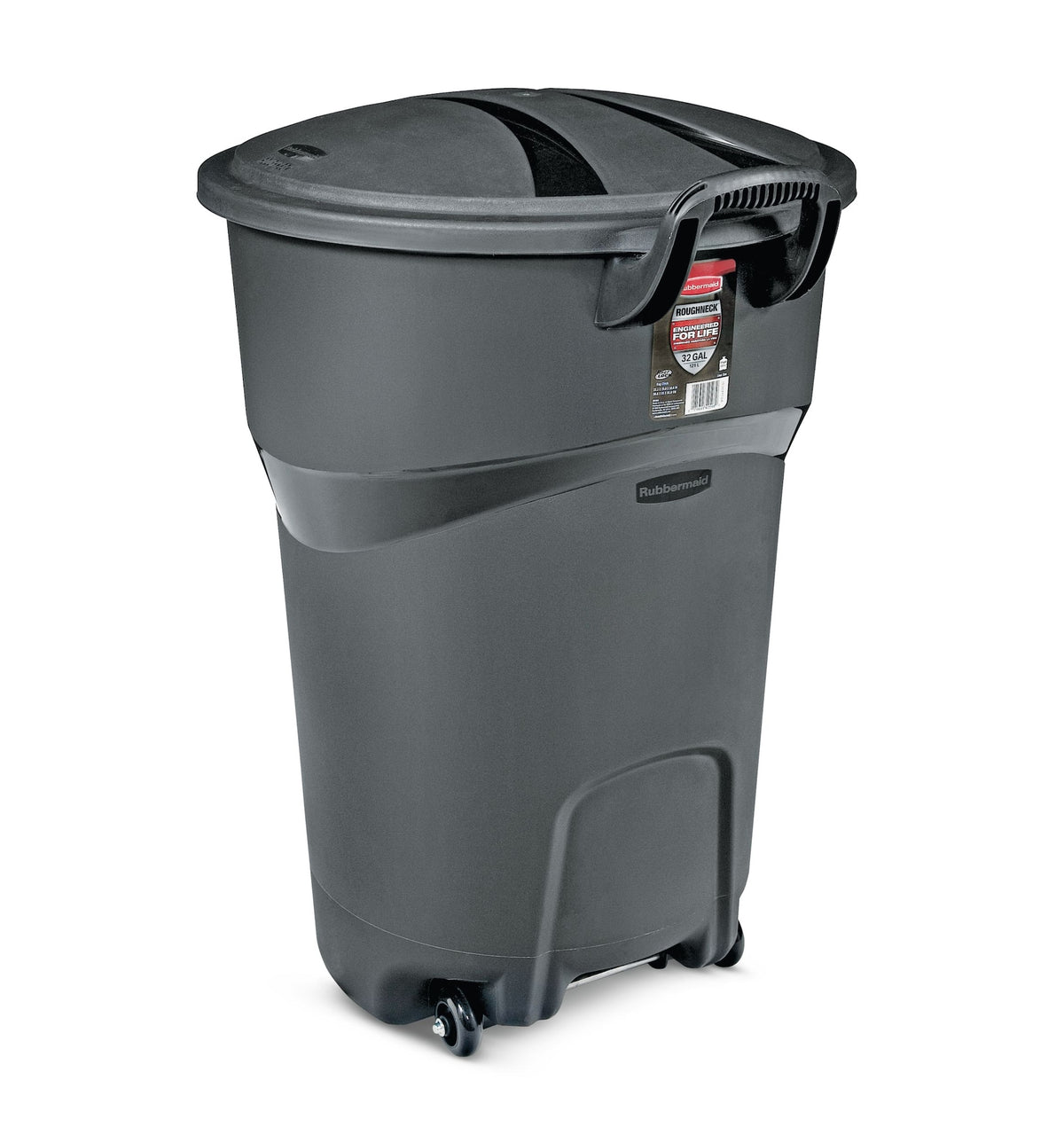 Rubbermaid Plastic Circular Wheeled Garbage Can with Handle, Black, 121-L