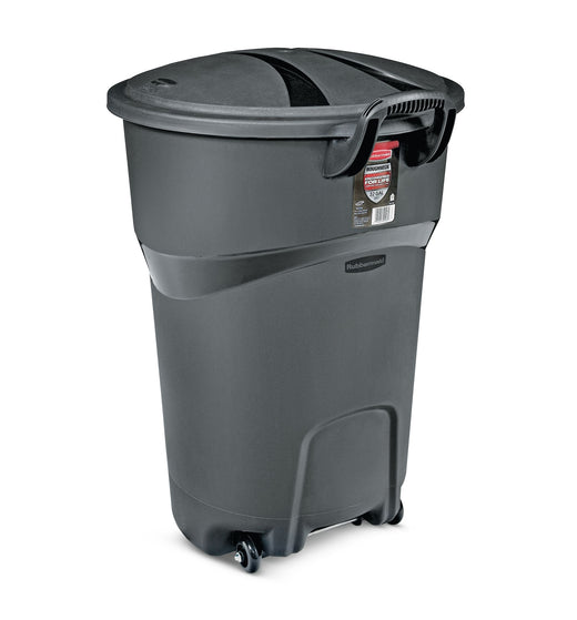Rubbermaid Plastic Circular Wheeled Garbage Can with Handle, Black, 121-L