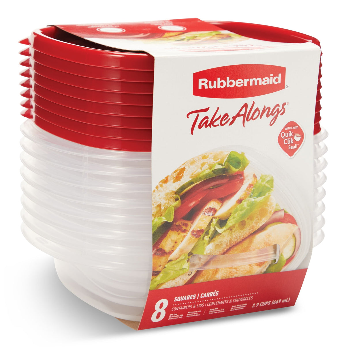 Rubbermaid Take Alongs Square Plastic Food Storage Container with Lids, 669 mL (2.9 Cup), 8 Count