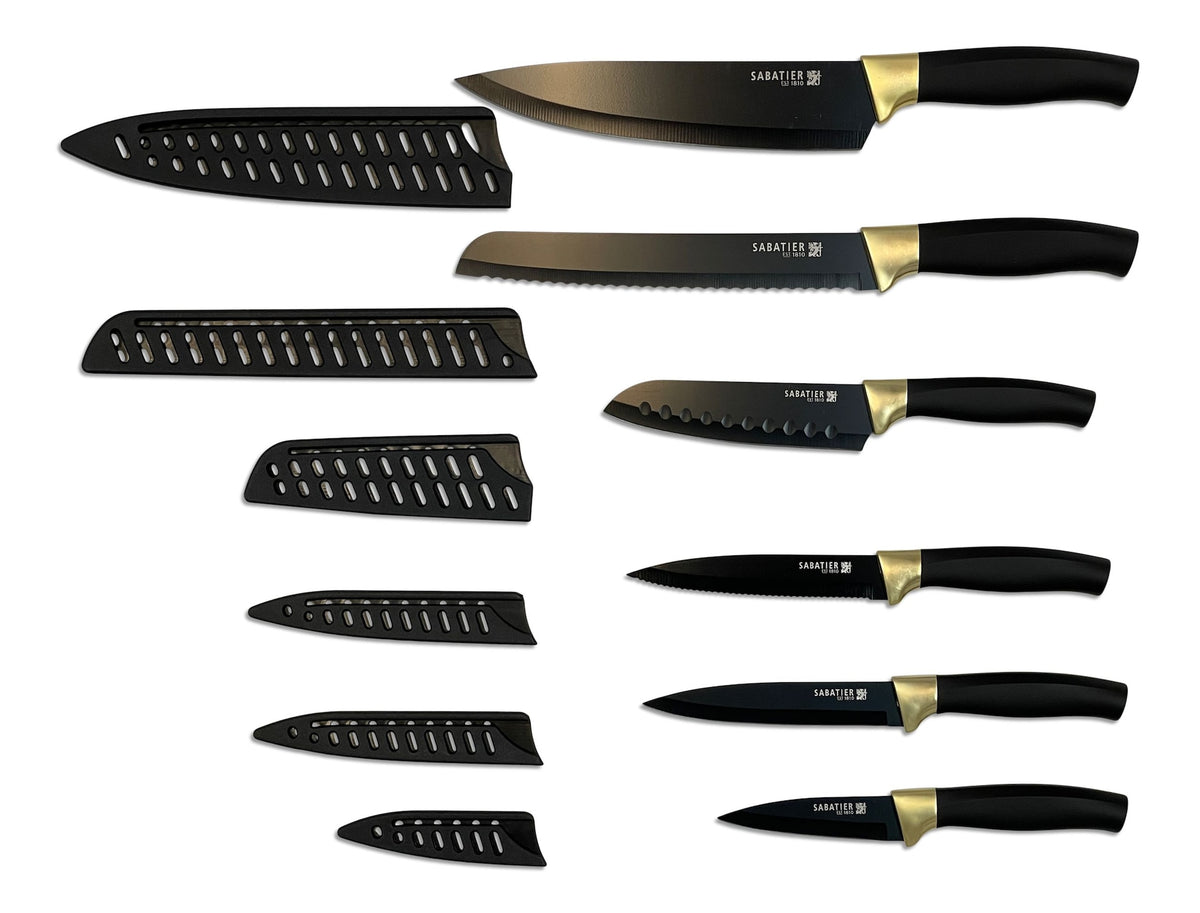 Sabatier Knife Set with Covers, Black/Gold, 12-pc