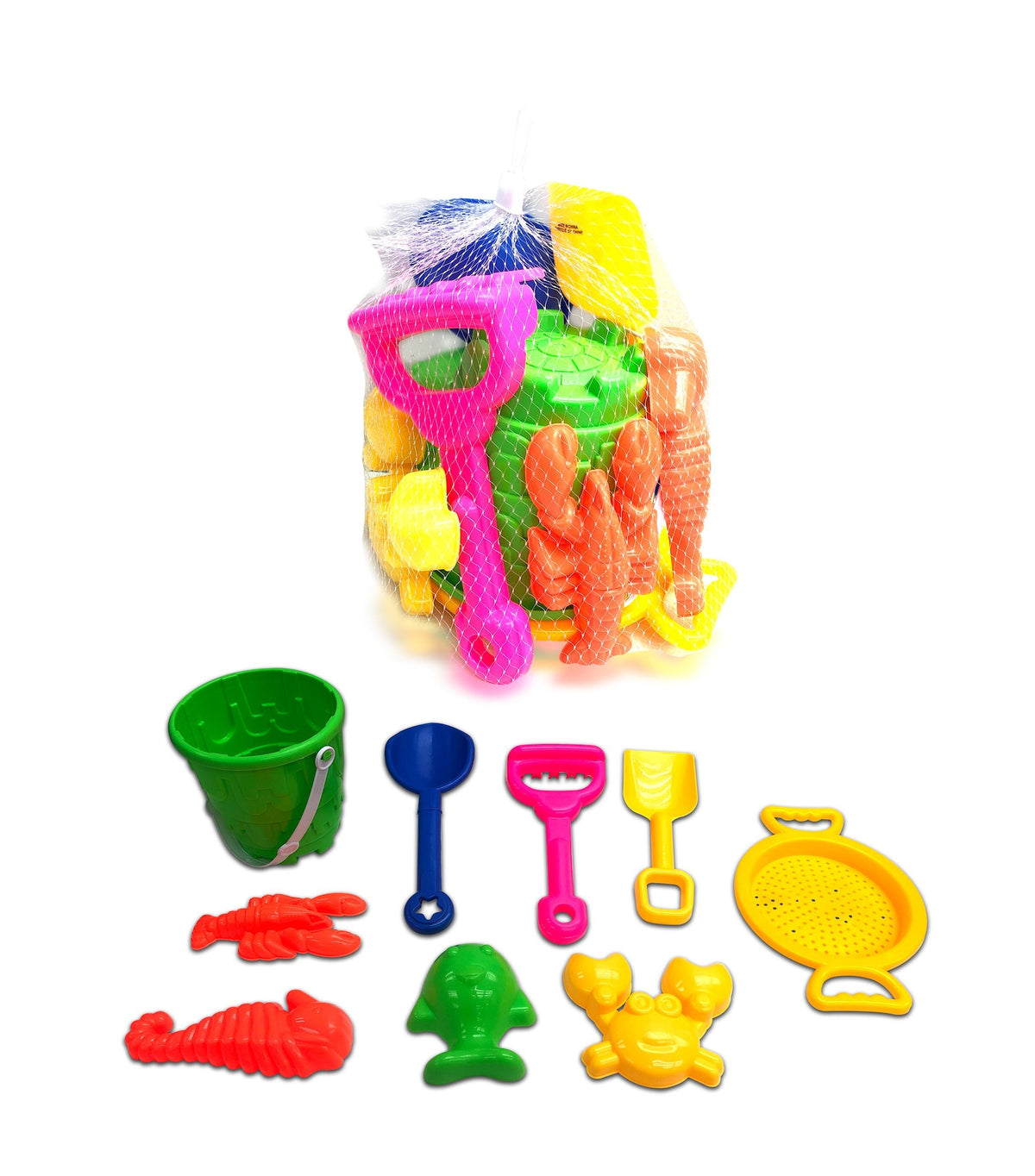 Sand Plastic Mold Toy Set with Bucket, Multi-Coloured, 9-pk, Ages 2+, for Summer/Beach Activities