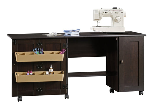 Sauder Folding Sewing & Craft Table/Storage Cart with Locking Wheels, Cinnamon Cherry Finish