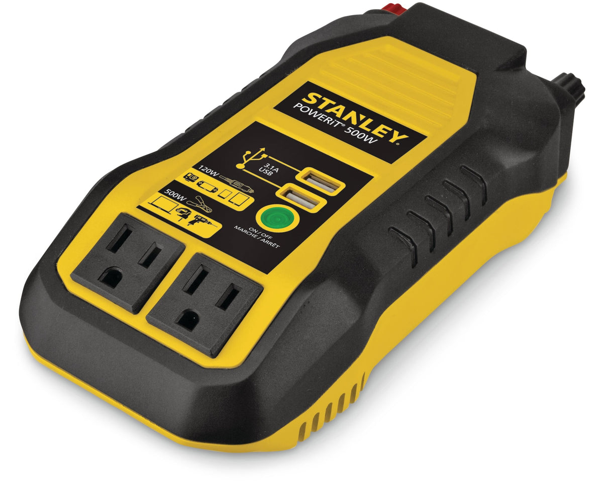 Stanley 500W Inverter & Power Outlet with Battery Clamps, USB Ports, 12V DC Adapter