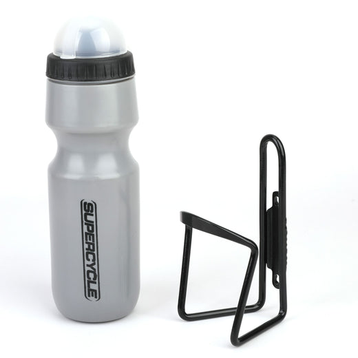 Supercycle Wide Mouth Self-Sealing Bike Water Bottle withCage/Holder, BPA Free, Silver, 21-oz