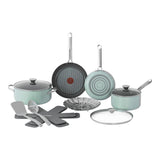 T-Fal Ceramic Inspire Non-Stick Cookware Set, Dishwasher & Oven Safe, Mint, 12-pc