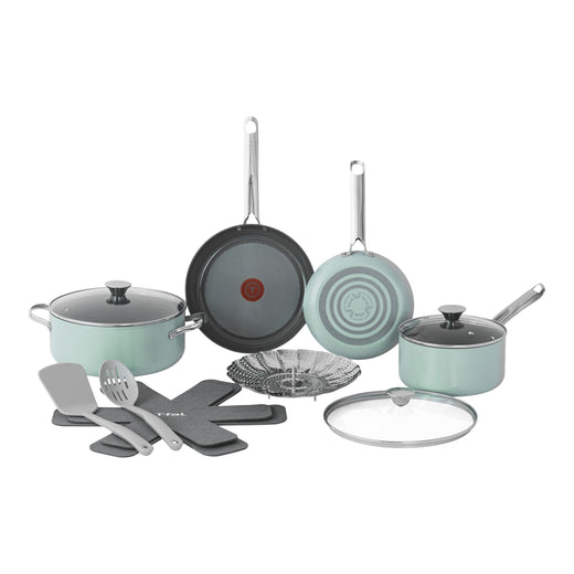 T-Fal Ceramic Inspire Non-Stick Cookware Set, Dishwasher & Oven Safe, Mint, 12-pc