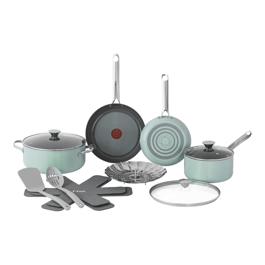 T-Fal Ceramic Inspire Non-Stick Cookware Set, Dishwasher & Oven Safe, Mint, 12-pc