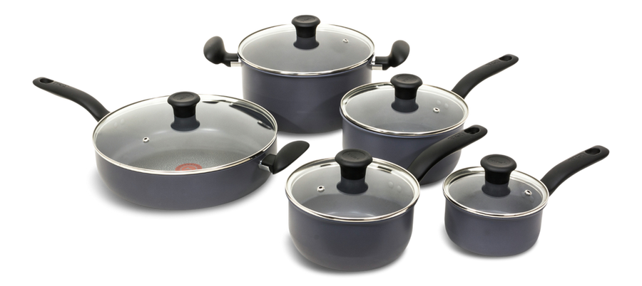 T-fal Hard Titanium Cookware Set, Non-stick, Dishwasher & Oven Safe, Grey, 10-pc
