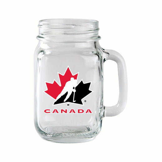 Team Canada/Hockey Canada Glass Mason Mug, Reusable Drinking Jar with Handle, Clear, 14-oz