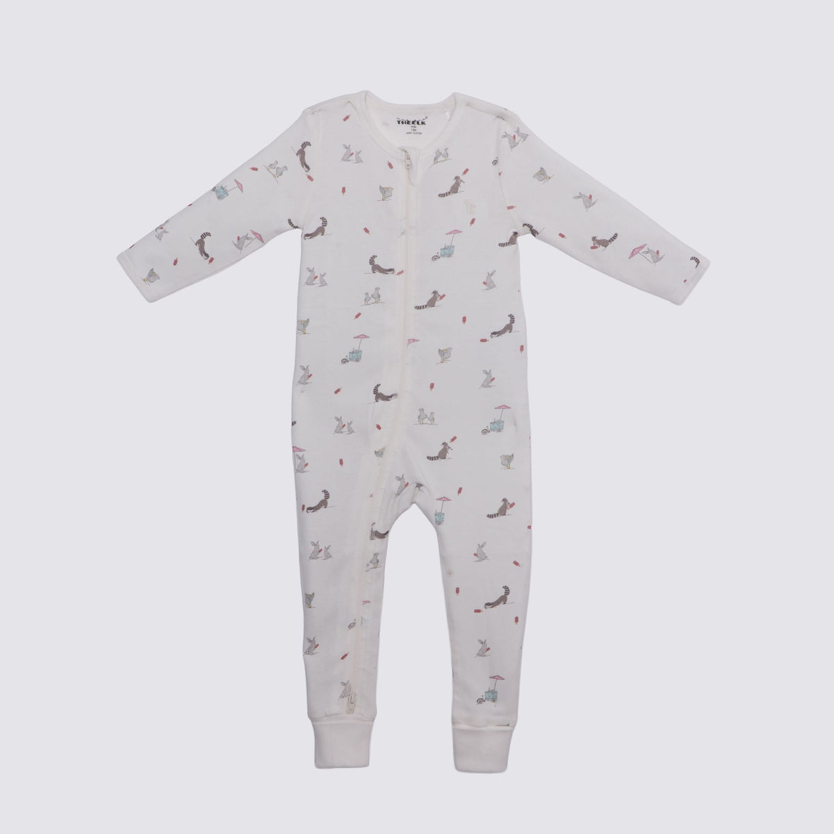 The Elk Baby Racoon Print Premium Organic Cotton Play and Grow Rib Foot Zippy, Various Sizes