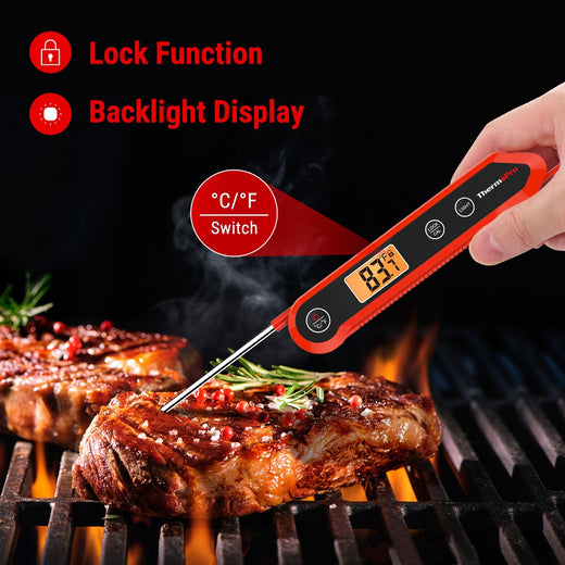 ThermoPro Waterproof Digital Instant-Read Folding Meat Thermometer with Swivel Probe, Black/Red