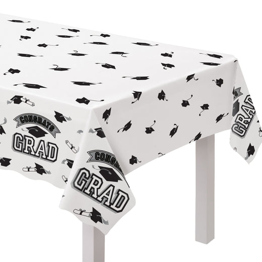 True to Your School "Congrats Grad" Rectangle Plastic Reusable Table Cover, Black/White, 54x84-in, for Graduation