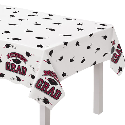 True to Your School "Congrats Grad" Rectangle Plastic Reusable Table Cover, Maroon, 54x84-in, for Graduation