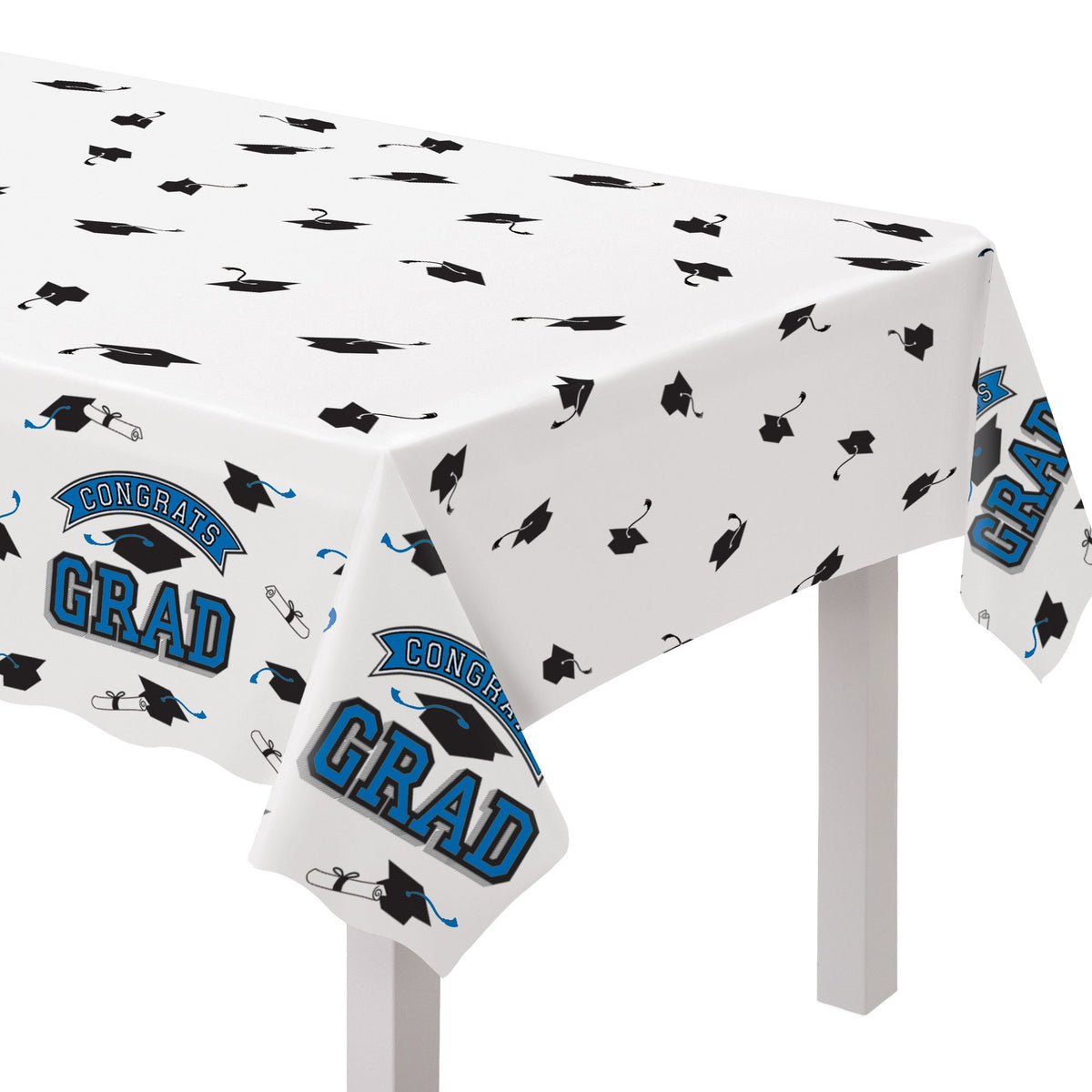 True to Your School "Congrats Grad" Rectangle Plastic Reusable Table Cover, Navy, 54x84-in, for Graduation