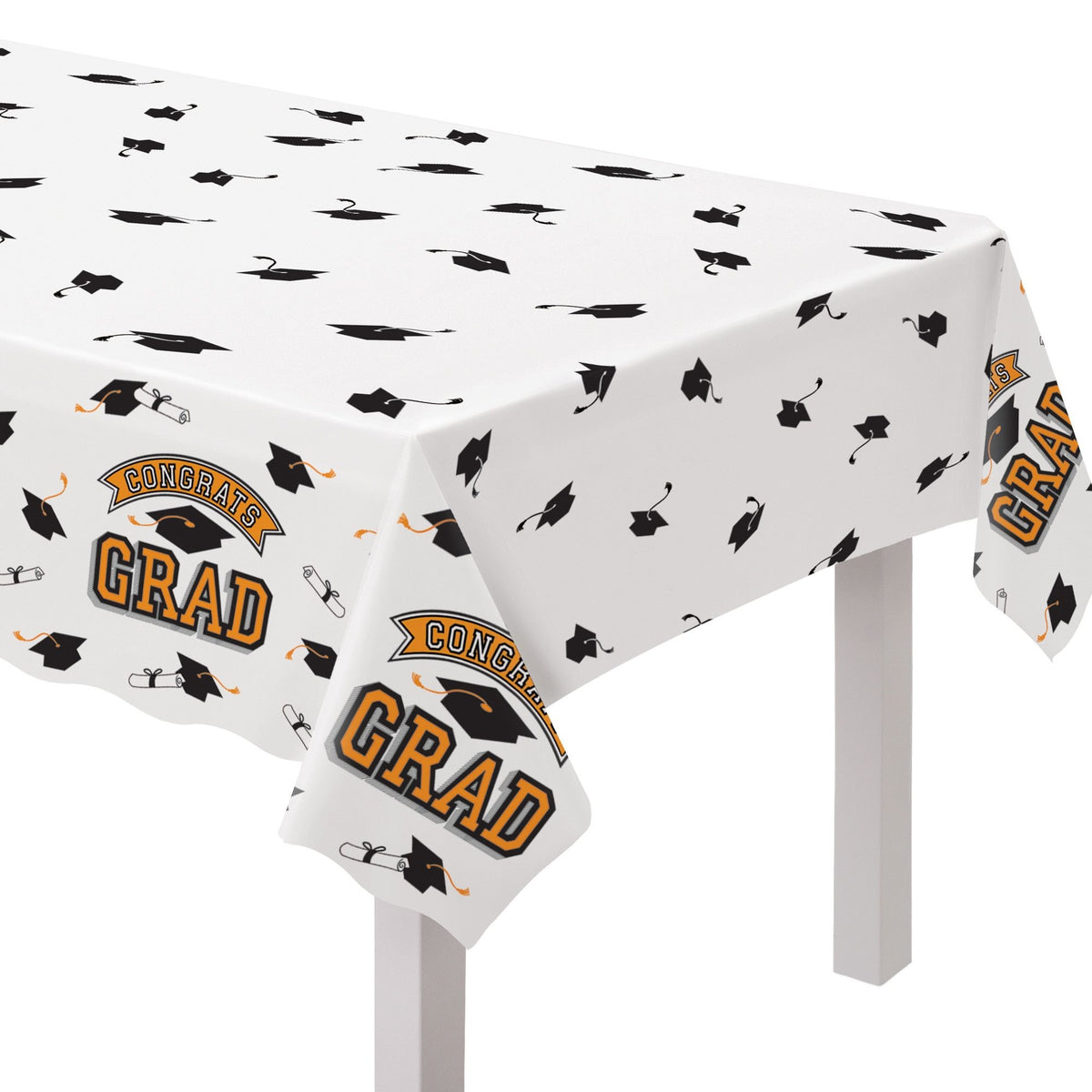 True to Your School "Congrats Grad" Rectangle Plastic Reusable Table Cover, Orange, 54x84-in, for Graduation