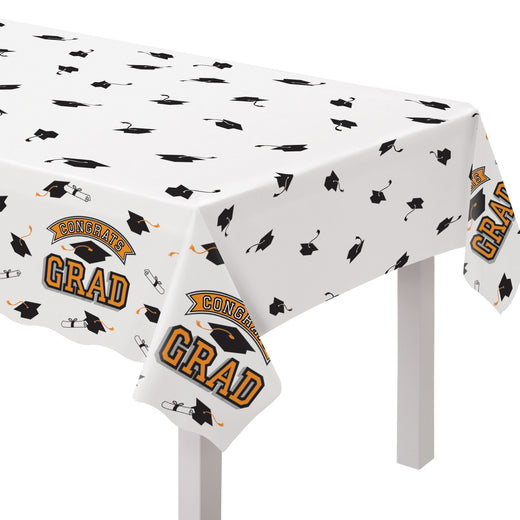True to Your School "Congrats Grad" Rectangle Plastic Reusable Table Cover, Orange, 54x84-in, for Graduation