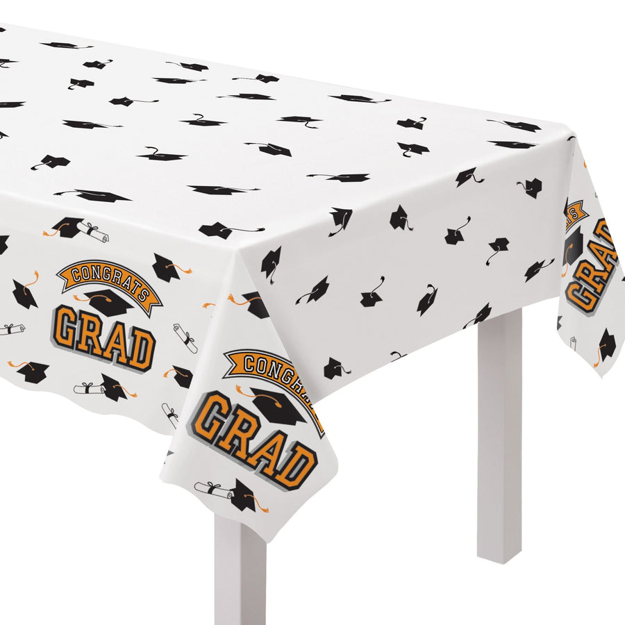 True to Your School "Congrats Grad" Rectangle Plastic Reusable Table Cover, Orange, 54x84-in, for Graduation