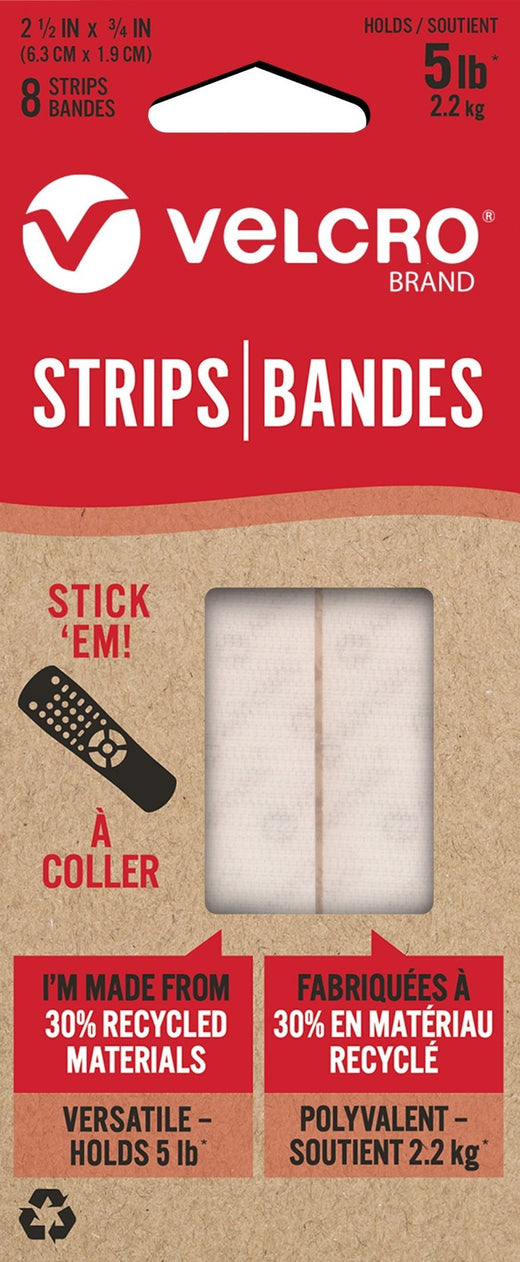 Velcro Durable Reusable Eco Strips, White, 5-lbs, 2.5 x 0.7-in, 8-pk