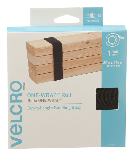 Velcro ONE-WRAP Adjustable Reusable Velcro Hook and Loop Strap, Black Roll, 30-ft x 1-1/2-in, 1-pk