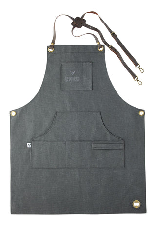 Vermont Castings Adjustable Canvas & Leather BBQ Grilling Apron with Pockets, Grey