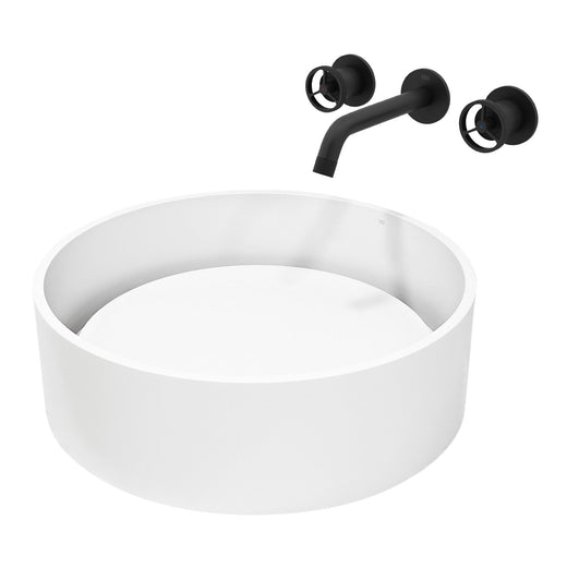 VIGO Anvil MatteStone Round White Composite Bathroom Sink/Basin Set with Cass Wall Mount Faucet and Pop-Up Drain