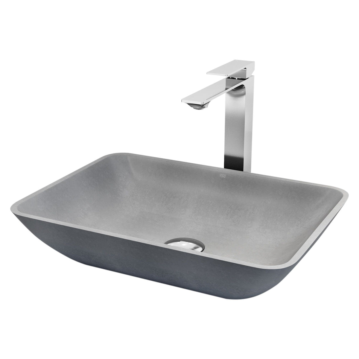 VIGO Duomo Gothic ConcretoStone Grey Bathroom Sink/Basin Set with Dunn Faucet and Rectangular Vessel