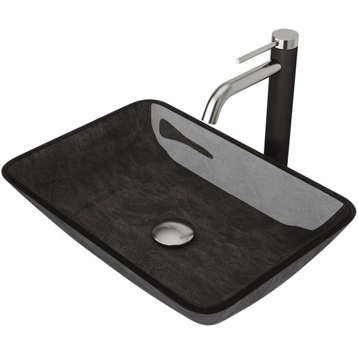 VIGO Glass Grey Onyx Bathroom Sink/Basin Set with Lexington Faucet and Rectangular Vessel