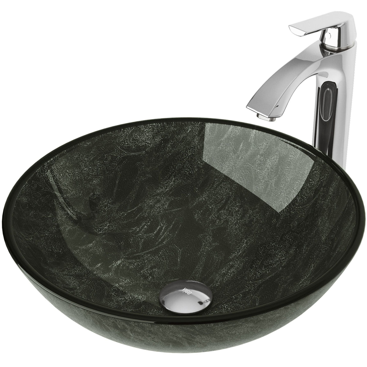 VIGO Glass Grey Onyx Bathroom Sink/Basin Set with Linus Faucet and Round Vessel