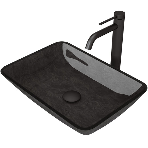 VIGO Glass Grey Onyx Bathroom Sink/Basin Set with Matte Black Lexington Faucet and Rectangular Vessel