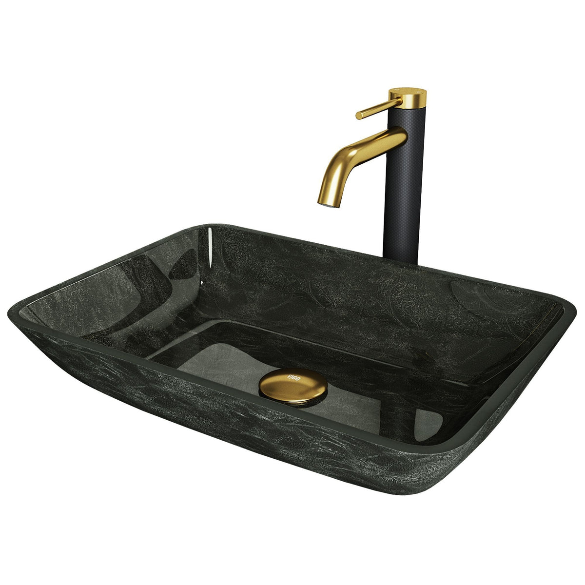 VIGO Glass Grey Onyx Bathroom Sink/Basin Set with Matte Gold Lexington Faucet and Rectangular Vessel