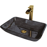 VIGO Glass Grey Onyx Bathroom Sink/Basin Set with Matte Gold Niko Faucet and Rectangular Vessel