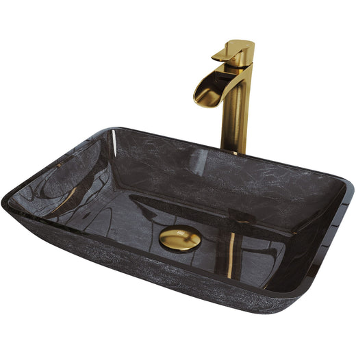 VIGO Glass Grey Onyx Bathroom Sink/Basin Set with Matte Gold Niko Faucet and Rectangular Vessel